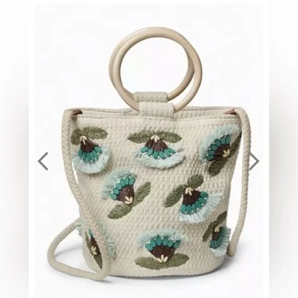 Lucky Brand Raffia Flower Crossbody Bag Natural Wood Handles Boho - Picture 16 of 16